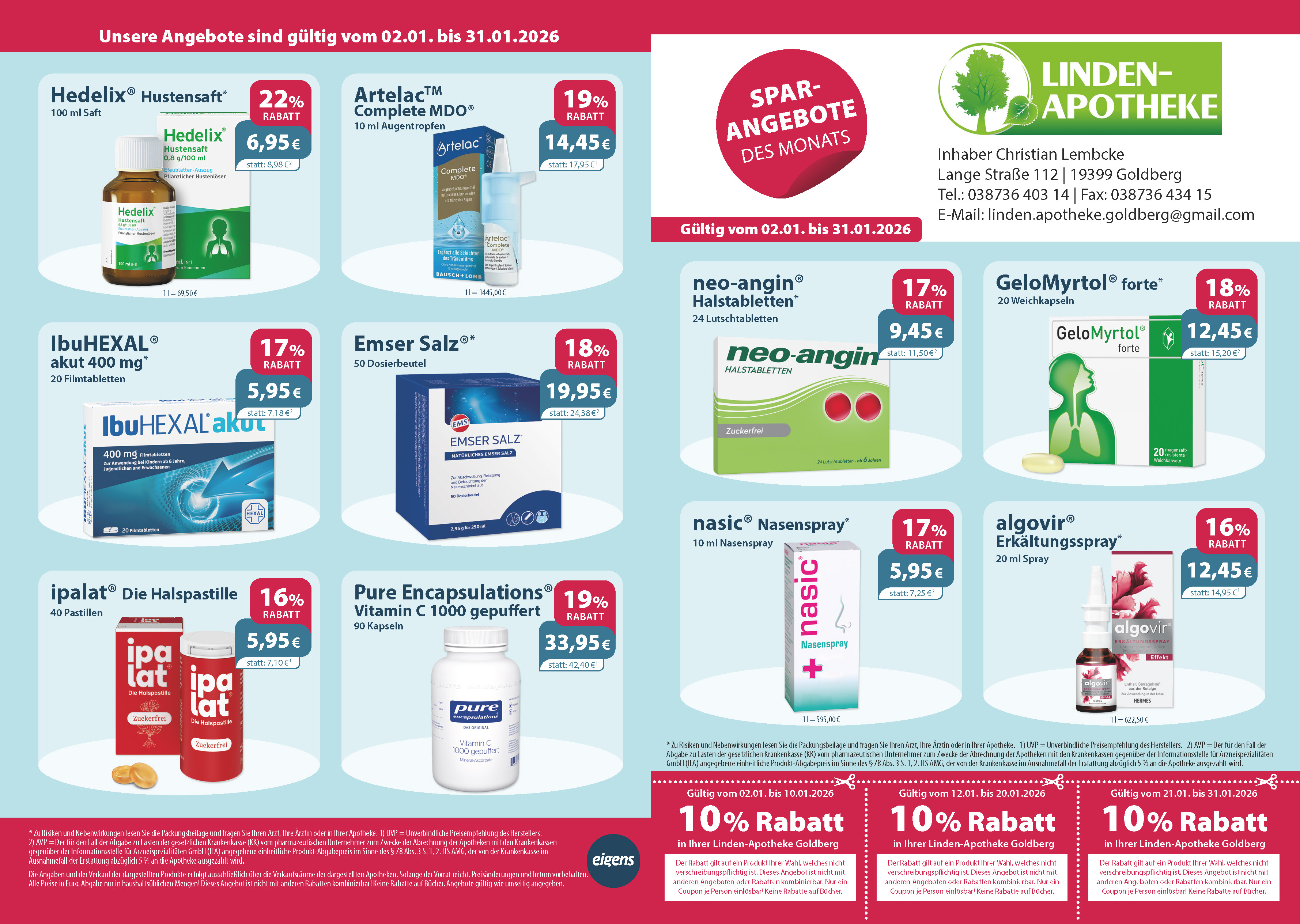 Monatlicher Angebotsflyer der Apotheke mit Informationen zu Öffnungszeiten, Leistungen, Aktionen und wechselnden Produkten aus Gesundheit und Pflege.